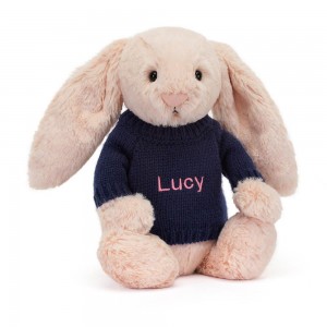 Baby & Books Jellycat Bashful Blush Bunny with Personalised Navy Jumper 31cm x 12cm x 9cm Rosas | México 9468UQFJE
