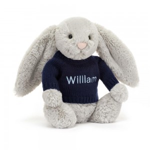 Baby & Books Jellycat Bashful Silver Bunny with Personalised Navy Jumper 31cm x 12cm x 9cm Grises | México 5160PJFBV