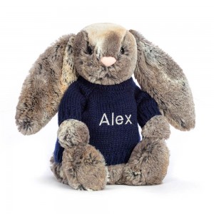 Discover Jellycat Bashful Cottontail Bunny with Personalised Navy Jumper 31cm x 12cm x 9cm Marrom | México 2496YBTJE