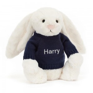 Discover Jellycat Bashful Cream Bunny with Personalised Navy Jumper 31cm x 12cm x 9cm Blancos | México 5384XAISP