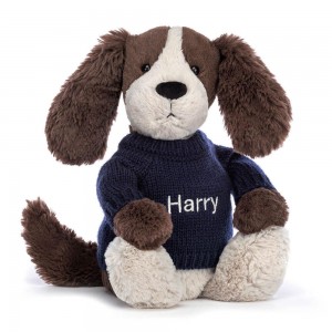 Discover Jellycat Bashful Fudge Puppy with Personalised Navy Jumper 31cm x 12cm x 9cm Marrom | México 9875BDTHK