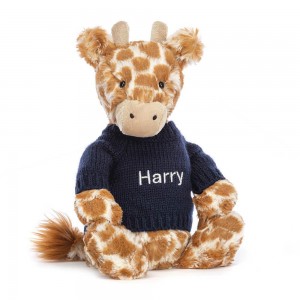 Discover Jellycat Bashful Giraffe with Personalised Navy Jumper 31cm x 12cm x 9cm Naranjas | México 5962JWGOD