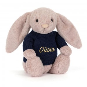 Discover Jellycat Bashful Luxe Bunny Rosa with Personalised Navy Jumper 31cm x 12cm x 9cm Rosas | México 3418DVGXU