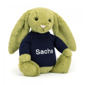 Discover Jellycat Bashful Moss Bunny with Personalised Navy Jumper 31cm x 12cm x 9cm Verdes | México 6473HQOMR