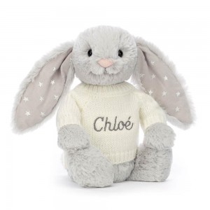 Discover Jellycat Bashful Shimmer Bunny with Personalised Cream Jumper 31cm x 12cm x 9cm Grises | México 1752VYSNA