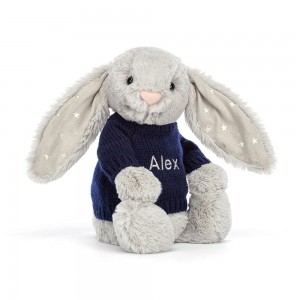 Discover Jellycat Bashful Shimmer Bunny with Personalised Navy Jumper 31cm x 12cm x 9cm Grises | México 9367QXLFC