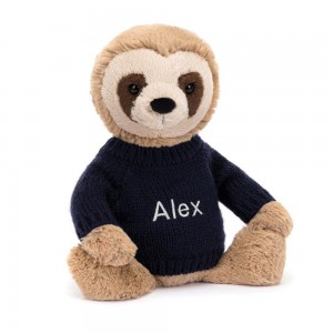 Discover Jellycat Bashful Sloth with Personalised Navy Jumper 28cm x 10cm x 7cm Beige | México 3409UOYKG