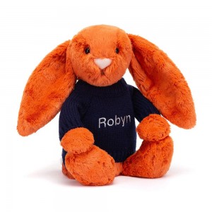 Discover Jellycat Bashful Tangerine Bunny with Personalised Navy Jumper 31cm x 12cm x 9cm Naranjas | México 0162UIPZS