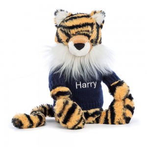 Discover Jellycat Bashful Tiger with Personalised Navy Jumper 31cm x 12cm x 9cm Amarillos | México 5917MDZFK