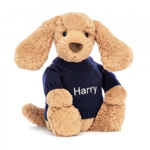 Discover Jellycat Bashful Toffee Puppy with Personalised Navy Jumper 31cm x 12cm x 9cm Marrom | México 1546DCYVX