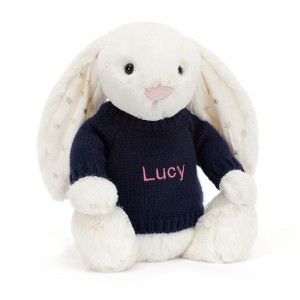 Discover Jellycat Bashful Twinkle Bunny with Personalised Navy Jumper 31cm x 12cm x 9cm Blancos | México 1967QNHMY