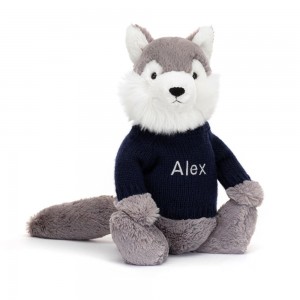 Discover Jellycat Bashful Wolf with Personalised Navy Jumper 31cm x 12cm x 9cm Grises | México 9702HZGNM