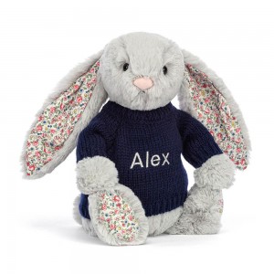 Discover Jellycat Blossom Silver Bunny with Personalised Navy Jumper 31cm x 12cm x 9cm Grises | México 8965QYXDE