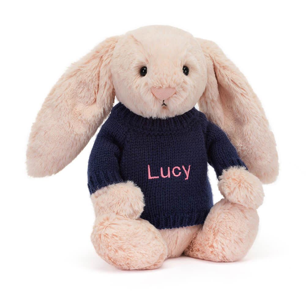 Baby & Books Jellycat Bashful Blush Bunny with Personalised Navy Jumper 31cm x 12cm x 9cm Rosas | México  9468UQFJE