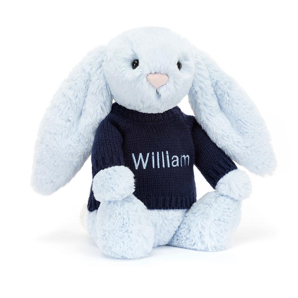 Baby & Books Jellycat Bashful Bunny with Personalised Navy Jumper 31cm x 12cm x 9cm Azules | México  5742EPIQV