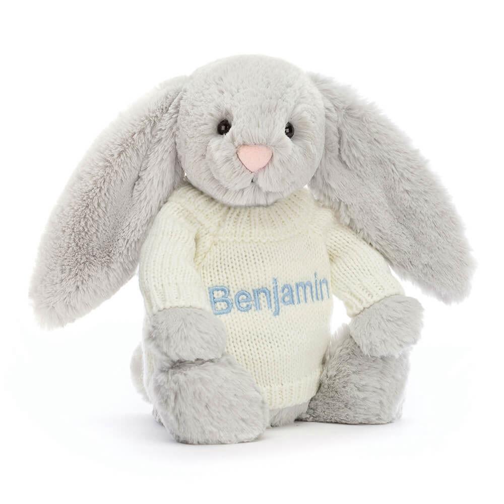 Baby & Books Jellycat Bashful Silver Bunny with Personalised Cream Jumper 31cm x 12cm x 9cm Grises | México  6179UQVHF