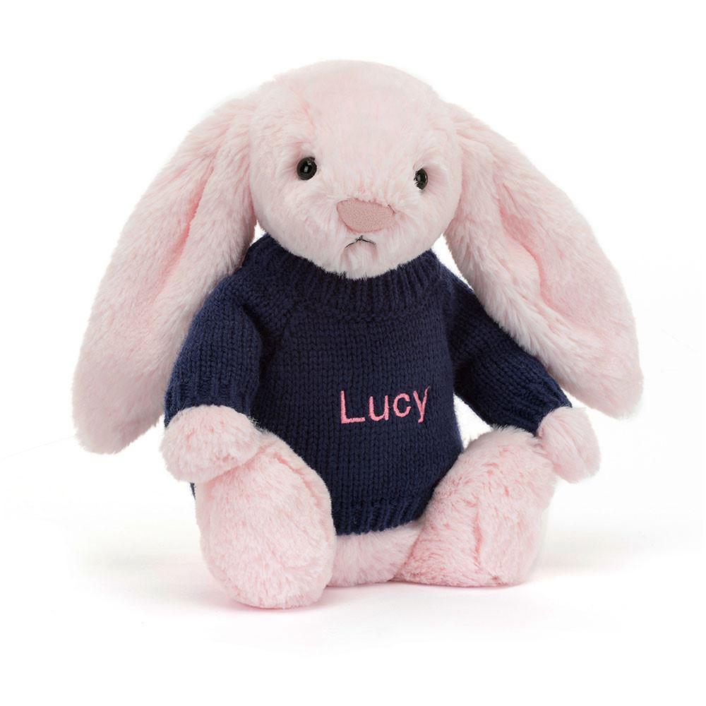 Discover Jellycat Bashful Bunny with Personalised Navy Jumper 31cm x 12cm x 9cm Rosas | México  9437FSMXU