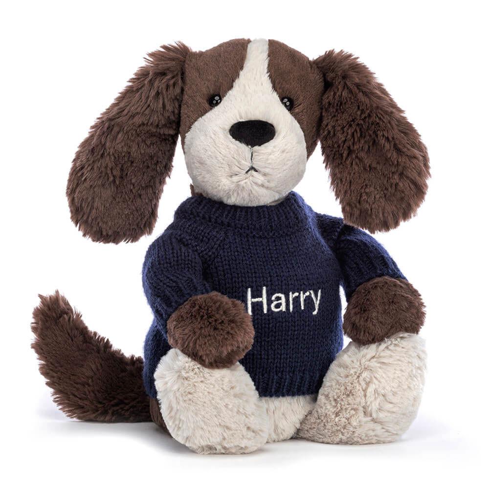 Discover Jellycat Bashful Fudge Puppy with Personalised Navy Jumper 31cm x 12cm x 9cm Marrom | México  9875BDTHK