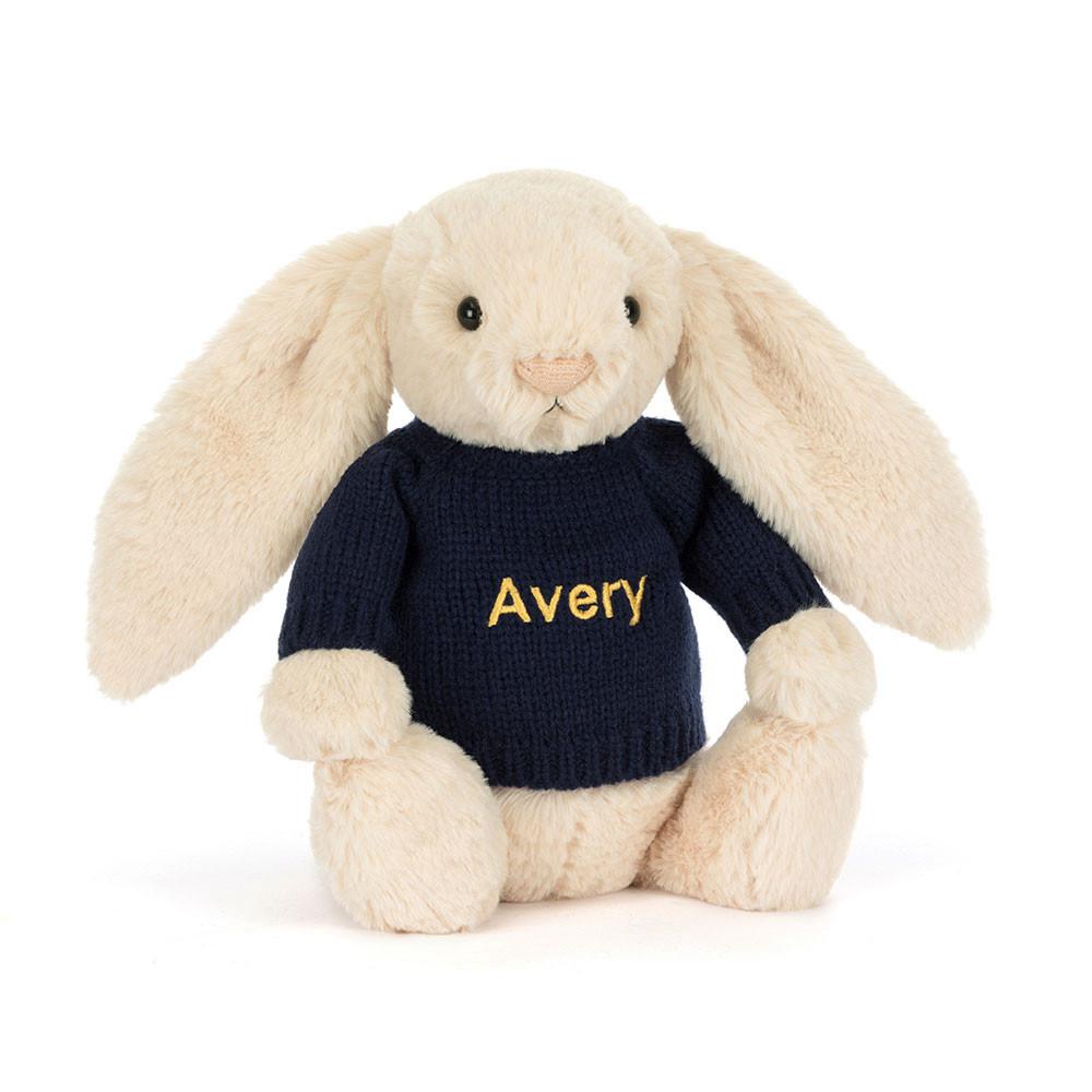 Discover Jellycat Bashful Luxe Bunny Willow with Personalised Navy Jumper 31cm x 12cm x 9cm Beige | México  7631CRILM