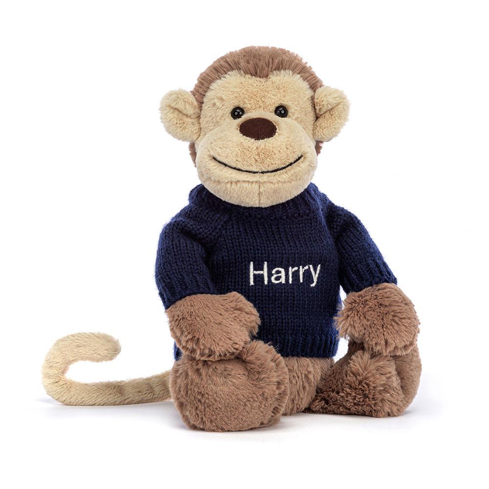 Discover Jellycat Bashful Monkey with Personalised Navy Jumper 31cm x 12cm x 9cm Marrom | México  3695RJOTM