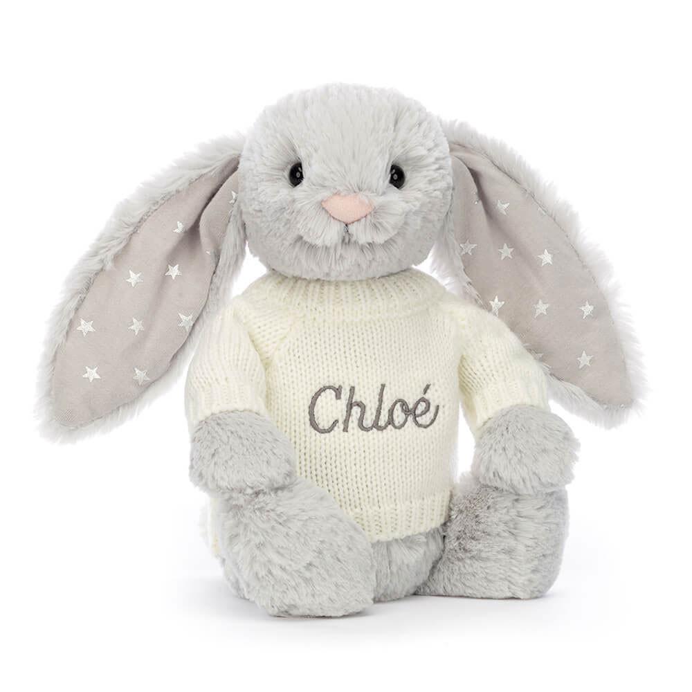 Discover Jellycat Bashful Shimmer Bunny with Personalised Cream Jumper 31cm x 12cm x 9cm Grises | México  1752VYSNA