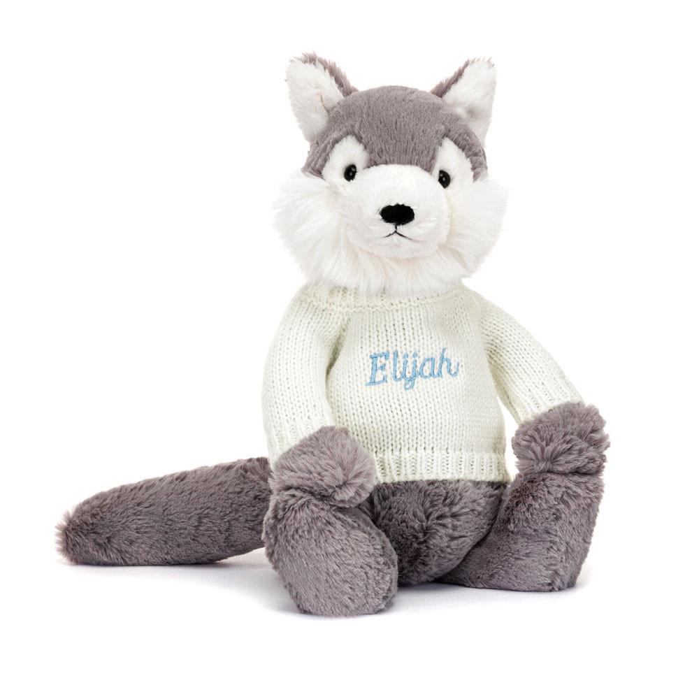 Discover Jellycat Bashful Wolf with Personalised Cream Jumper 31cm x 12cm x 9cm Grises | México  5307JUNOZ