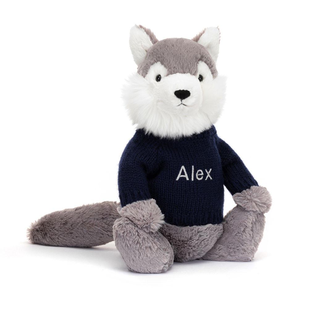 Discover Jellycat Bashful Wolf with Personalised Navy Jumper 31cm x 12cm x 9cm Grises | México  9702HZGNM